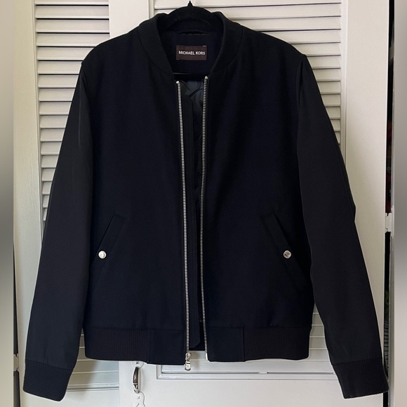 Michael Kors Men's Black Wool Blend Varsity Bomber Jacket Sz M - Picture 2 of 11